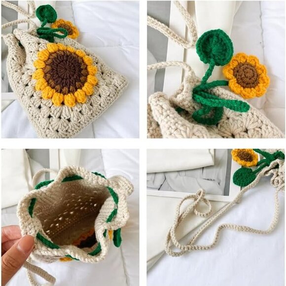 Wool Crochet Tote Bag Small Woven Shoulder Crossbody Beach Purse Womens - Picture 3 of 7